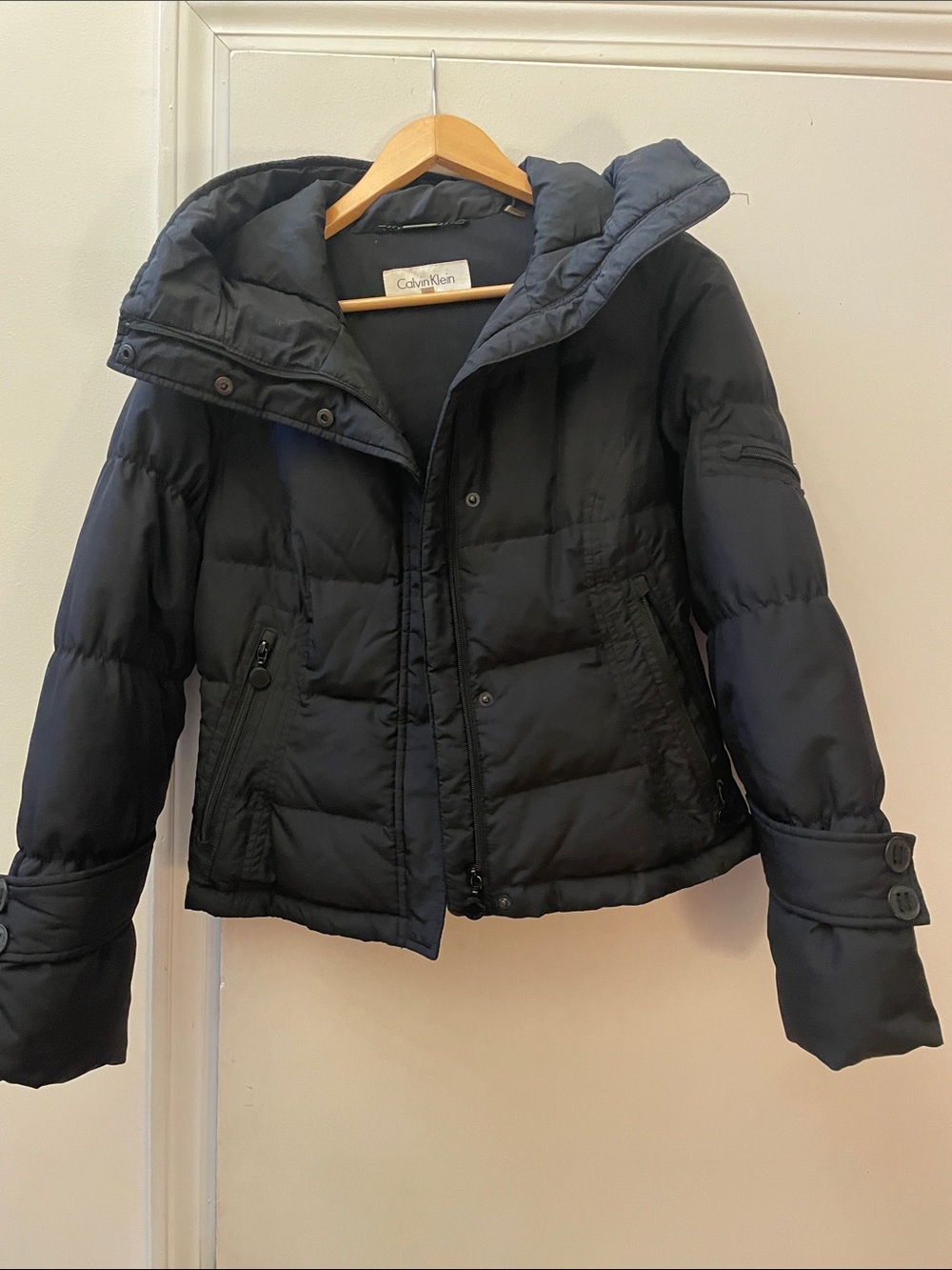 Calvin Klein Women's Black Quilted Puffer Jacket with High Collar